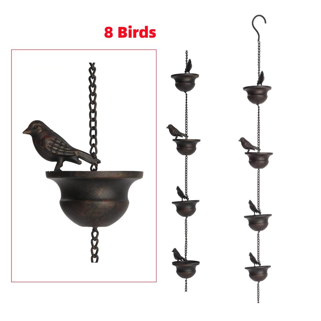 4/6/8Pcs Mobile Birds on Cups Rain Chain Garden Outdoor Courtyard Iron Art Decoration Retro Metal Pendant Crafts Rain Chain 1set