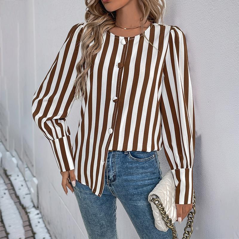 

Women s Crewneck Striped Shirt Long Sleeve Button Front Color Block Casual Blouses Tops XL