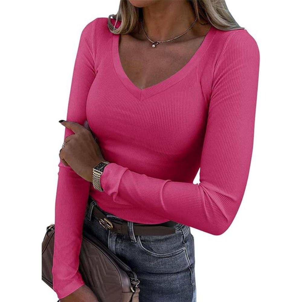 Women Ribbed Slim Long Sleeve Top, Sexy V Neck Long Length Casual T-shirt