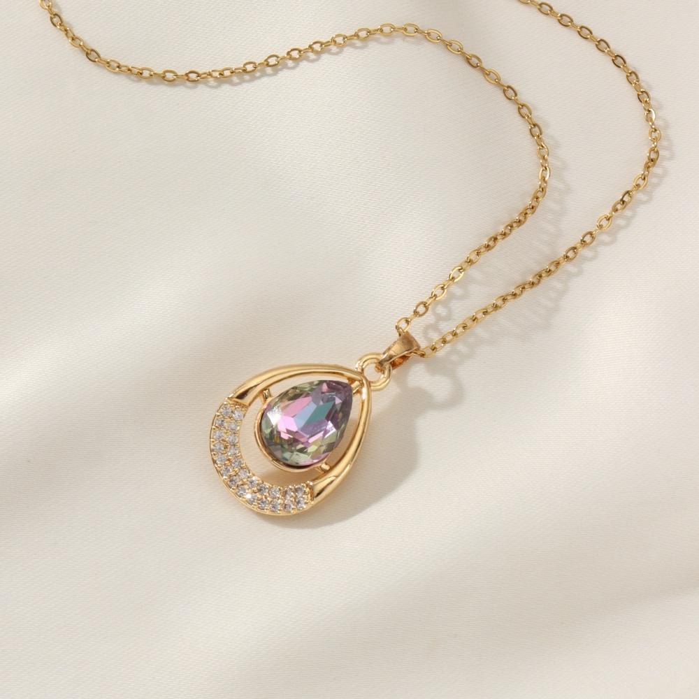 1 Piece Trendy Drop Shape Zircon Pendant Necklaces for Women Gold Color Stainless Steel Necklace Jewelry Party Accessories
