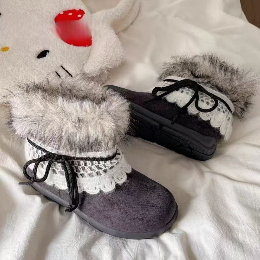 

Retro thick-soled warm lace snow boots winter new short tube plush cotton shoes 35 [foot length 22.5cm] черный серый