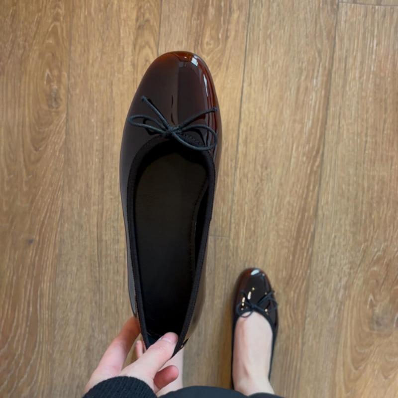 Sheepskin version~ New glossy leather shallow mouth small single shoes women's one-pedal butterfly round head flat-soled ballet shoes