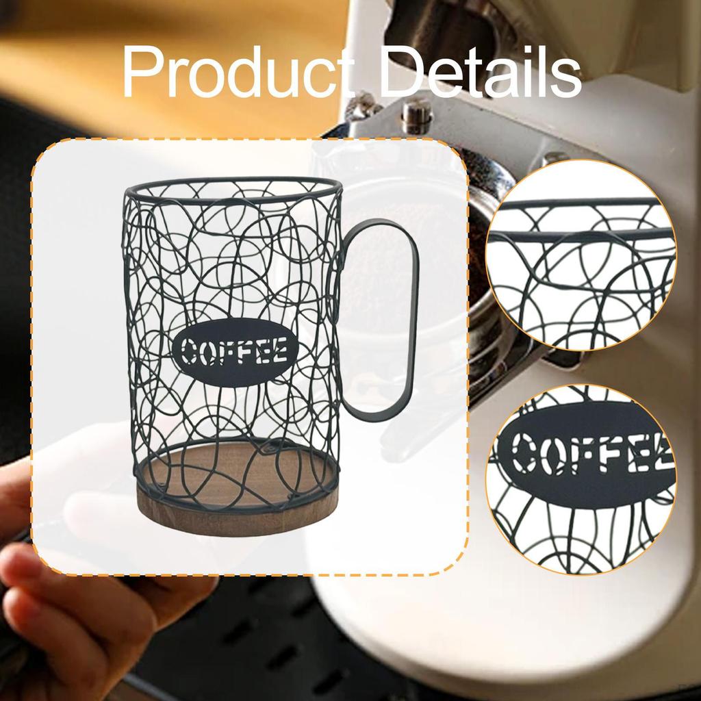 Coffee Capsule Holder Organizer with Wooden Base, Large Capacity, Iron Basket for