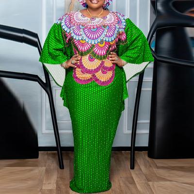 Women Large Size Round Neck Bat-Long Sleeve Printed Dresses