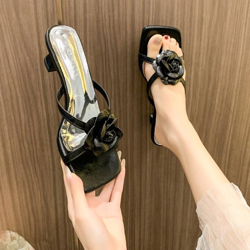 

Модные женские сандалии с цветочным декором, сандалии на низком каблуке, элегантные туфли-лодочки с острым носком, модные туфли на высоком каблуке с ремешком на щиколотке, женские шлепанцы 35 чёрный