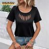 Blusas y camisas informales de manga corta con cuello redondo y estampado de Color sólido a la moda para mujer