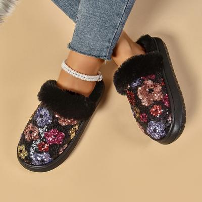 Fashion Winter New Baotou Slippers Women's Round Head Deep Mouth Sequin Cloth Thick Soled Non-slip Cotton Shoes