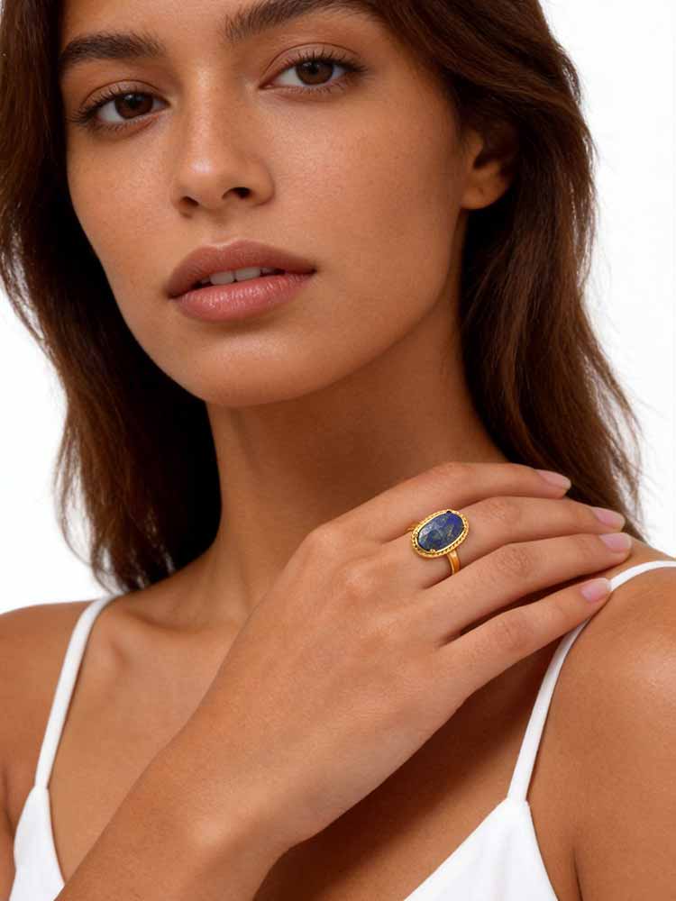 Natural Lapis Lazuli Ring Oval Blue Stone Stainless Steel Adjustable Open Ring Women Waterproof Handmade Jewelry