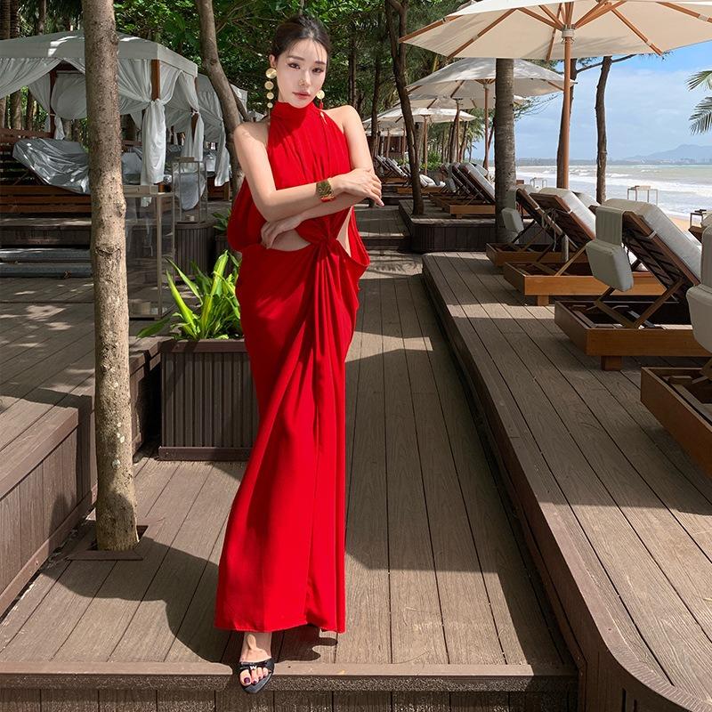 Sexy Side Waist Hollow Kink Neck Skirt Slack Red Birthday Dress Vacation Dress