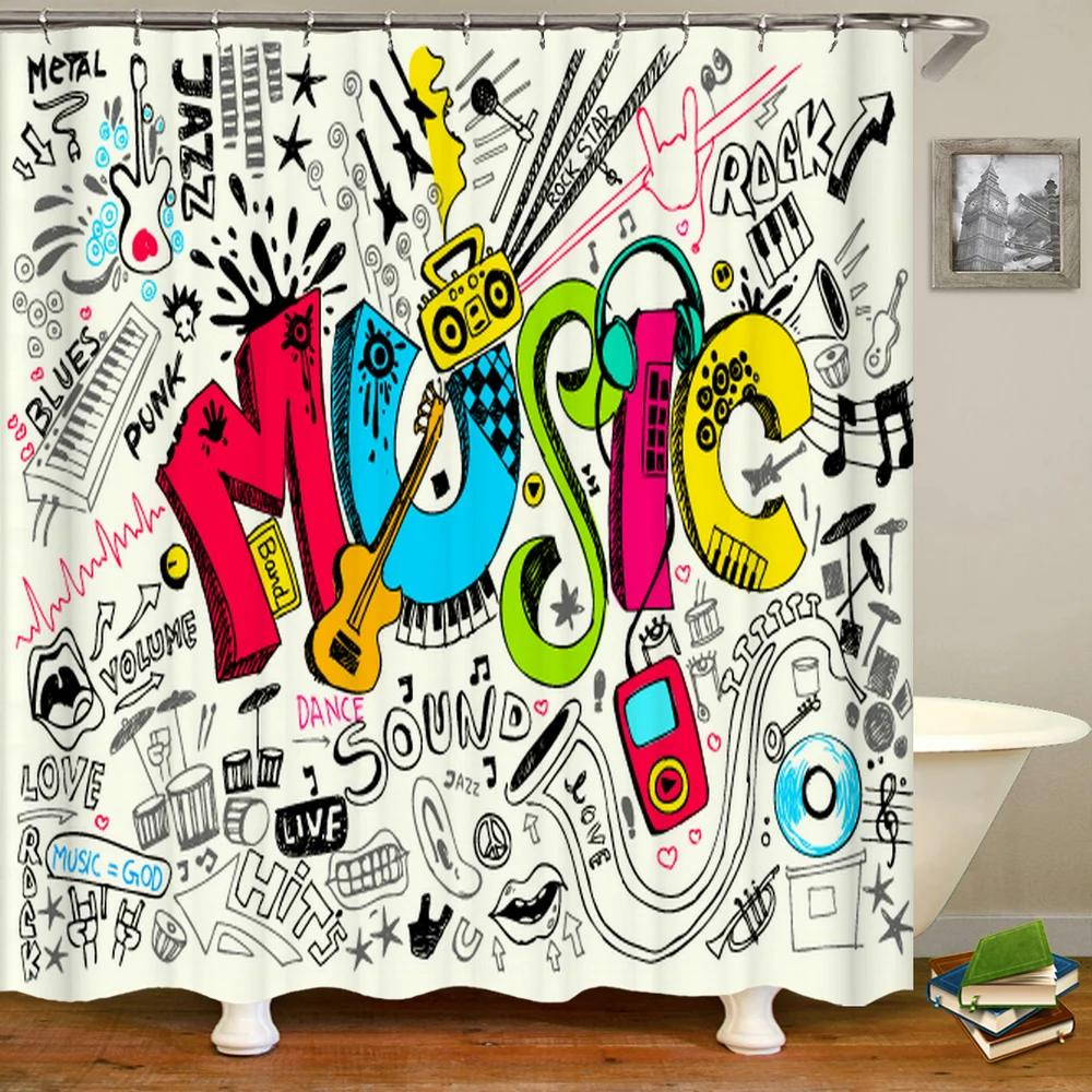 Music Rock Guitar Shower Curtains Modern Bathroom Curtains 3d Printed Decoration Waterproof Cloth with Hooks Bath Curtain