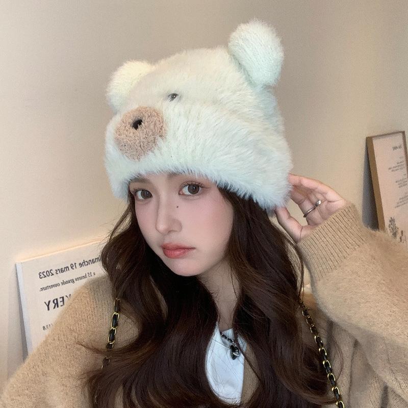 Cute Plush Small Can Hat Women's Winter Ear Protectors, Pullover, Wool Hat Thickened, Cold-proof and Warm, Showing a Small Knitted Hat