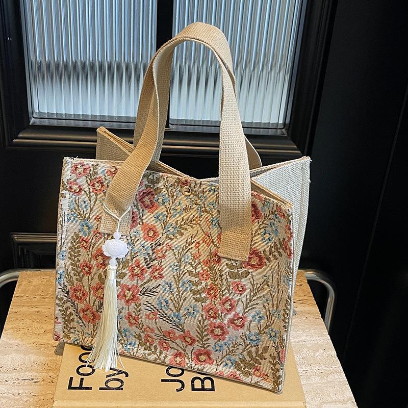 Geantă Florală de Mare Capacitate pentru Femei Geantă Nouă de Depozitare pentru Femei Ins La Modă și Versatilă Geantă de Mână de Pânză cu Un Umăr pentru Femei