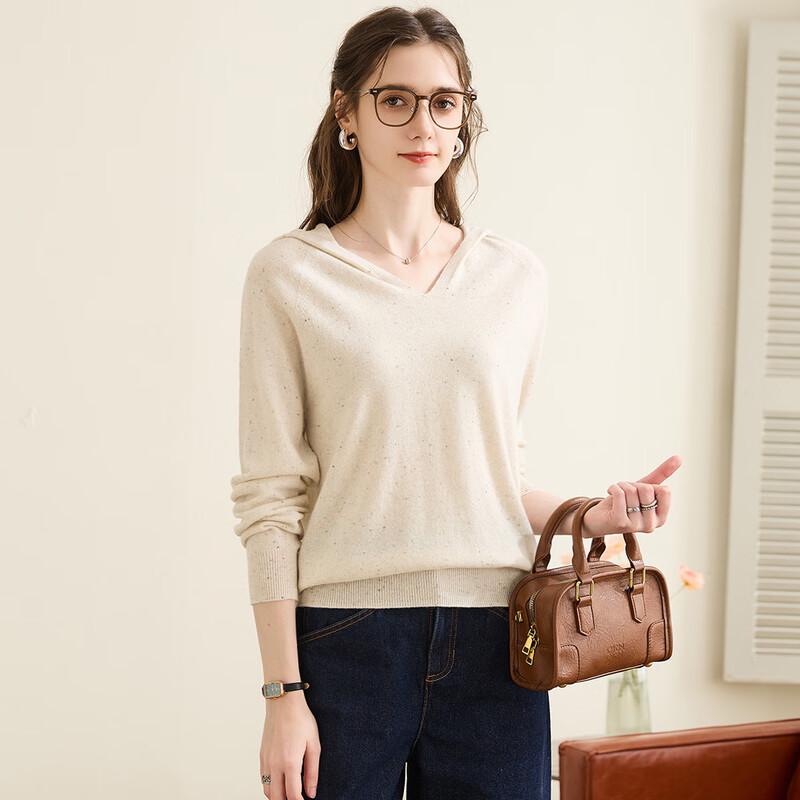 TUHUANG Women's Seamless Pure Wool Speckled Hooded Sweater