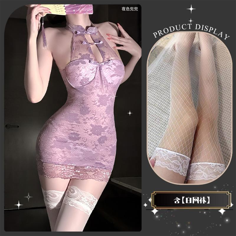 Erotic Lingerie New Neck Pan Lace Cheongsam Perspective Temptation Hip Skirt Sexy Pure Desire