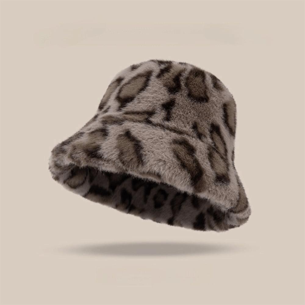 Faux Fur Plush Fisherman Hat Leopard Print Panama Hat Cozy Fluffy Fur Hat For Women Girls