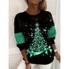 Women's Christmas Print Long Sleeve Sweatshirt - Black with Purple Glitter Accents, Sparkling Tree & Stars Design,