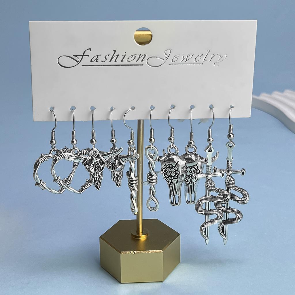 5 Pairs/ Set Halloween Metal Dangle Earrings Retro Skull Bat Spider Sword Snake Shape Goth Style Alloy Ear Set For Women Jewelry