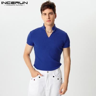 Summer T-shirts Men Stand Neck Short Sleeve Knitted Muscle Tops