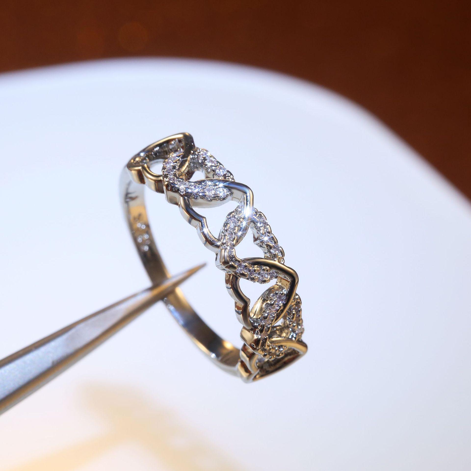 Popular Two-Tone Ring For Women, Creative Color Zircon-Encrusted Heart Ring No. 6