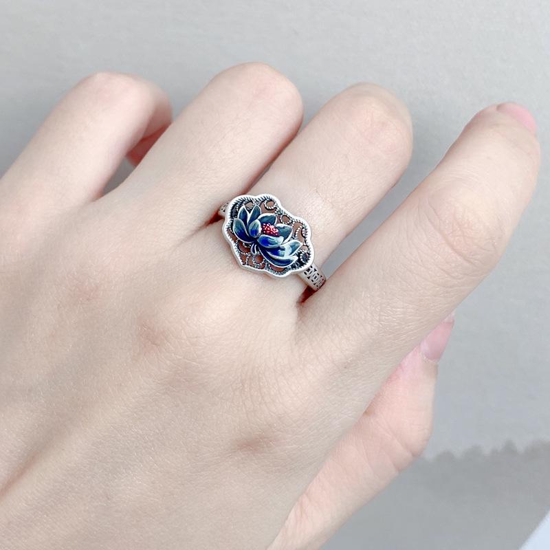 Adjustable 925 Sterling Silver Blue Lotus Ring for Men and Women