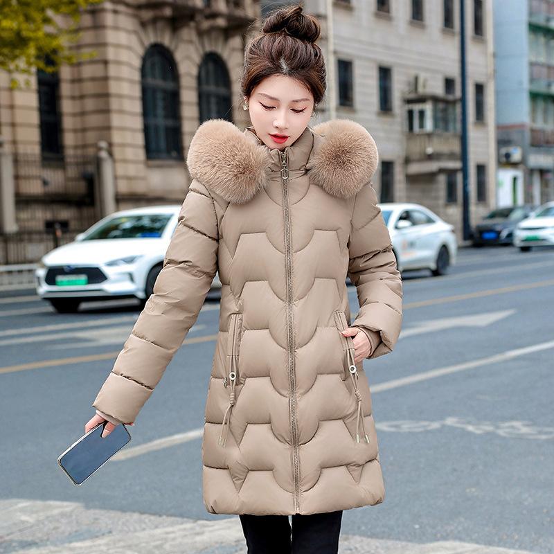 Winter Big Fur Collar Slim and Thin Medium and Long Cotton Clothes Women's Thickened Warm Jacket Cotton Clothes