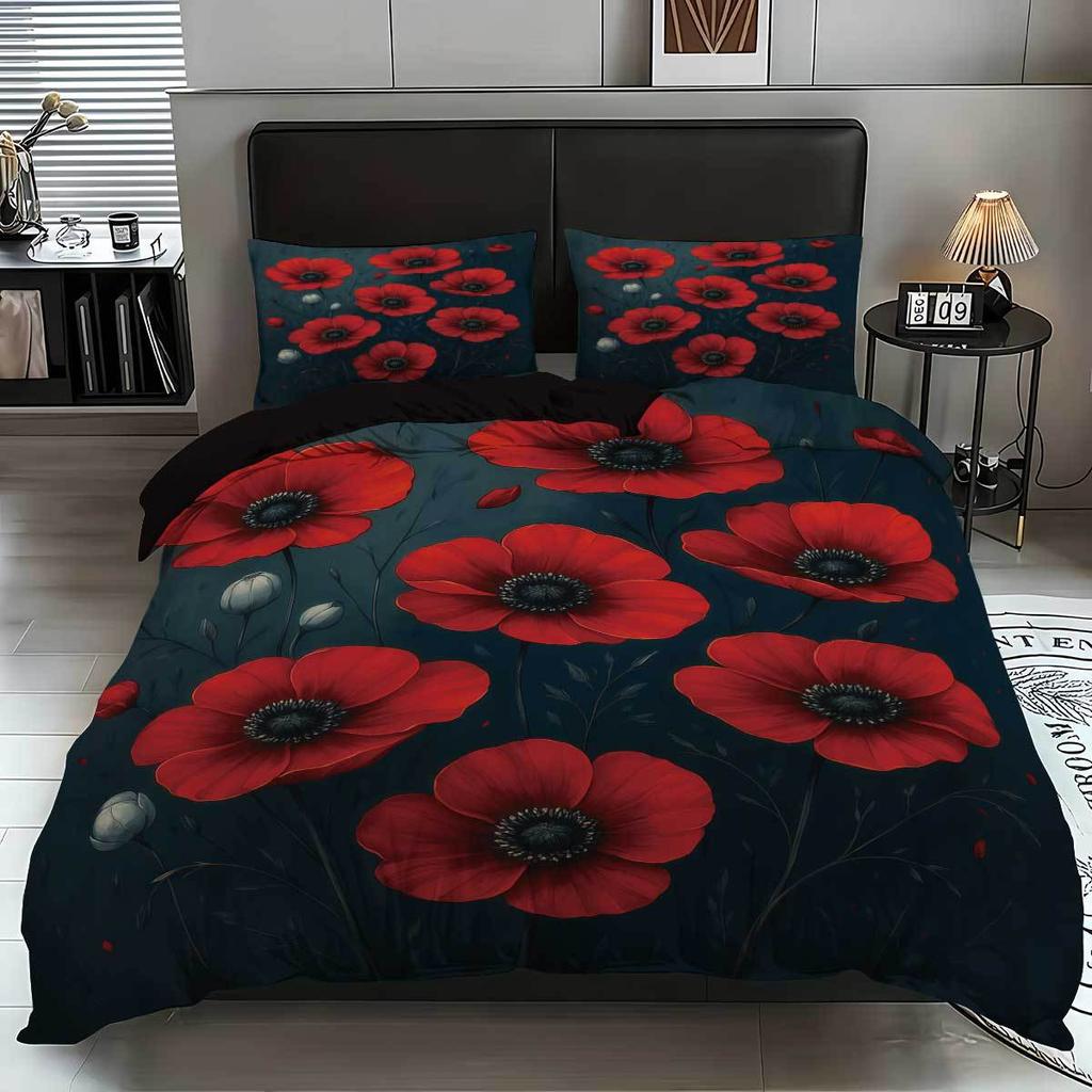 Bett Dreiteiliges Set, Rote Blume 3D Digitaldruck Kissenbezug, Heimtextil Bettbezug 3-teiliges Set