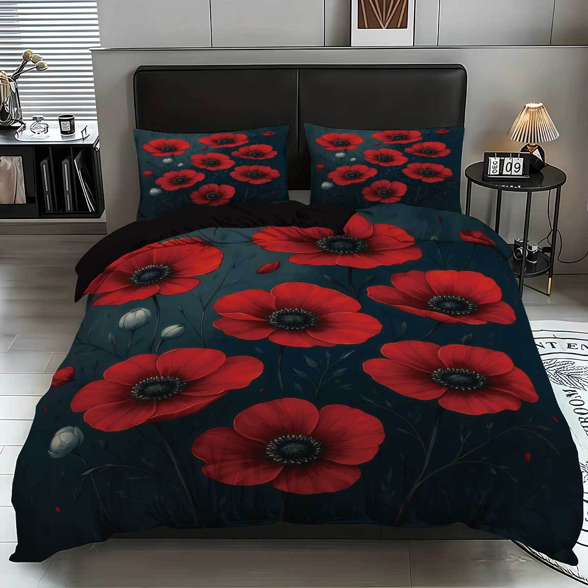 

Bed Three-Piece Set, Red Flower 3D Digital Printing Pillowcase, Home Textile Quilt Cover 3-Piece Set 135x200cm