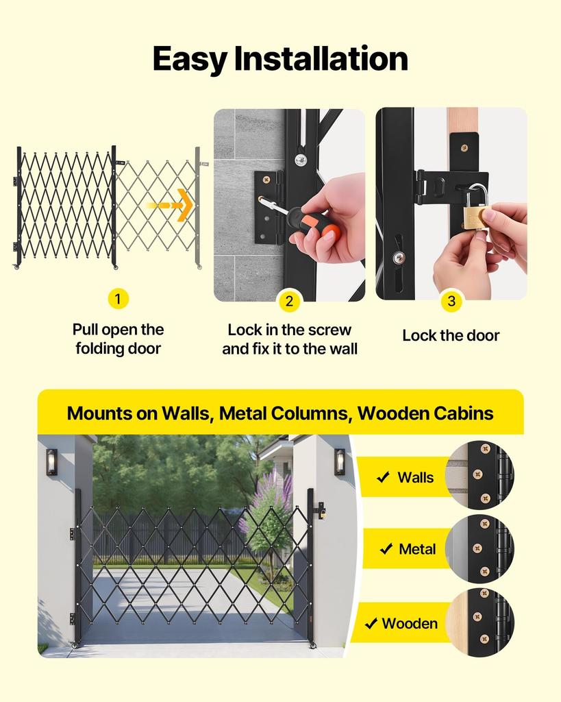 VEVOR Single Folding Security Gate, Lockable Scissor Gate with 360 degrees Swivel Casters, Outdoor Barricade Steel Retractable Gates