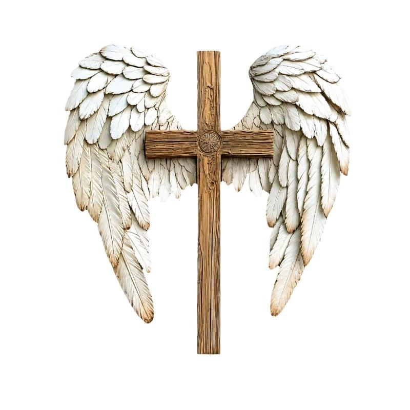 Angel Wing Wall Decoration, with Hanging Cord, Feathered and Crosses Design, 2D Flat Christian Hanging Plaque for Prayer