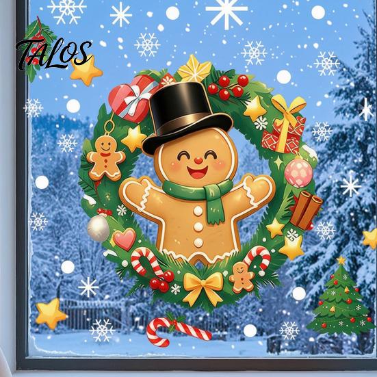 Gingerbread Man Decals Christmas Static Window Sticker, Wreath Pattern Print PVC Removable Decal, Decorative Film Waterproof Glass Cling for