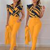 Floral Lotus Leaf Sleeve Top Solid Pants Set Women Casual 2 Piece Outfit with Belt