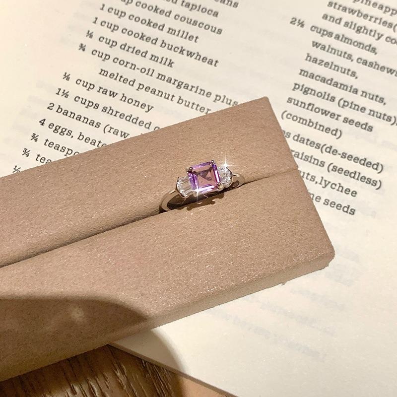 Women's S925 Sterling Silver Square Natural Amethyst Ring Adjustable Open Garnet Topaz Jewelry Gift