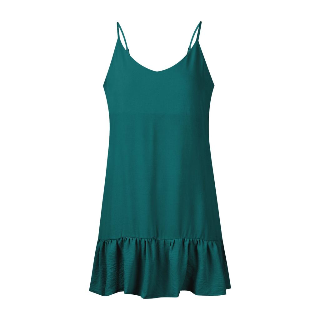 Women's Fashion Casual Color V Neck Strappy Beach Dress (Adjustable Straps)