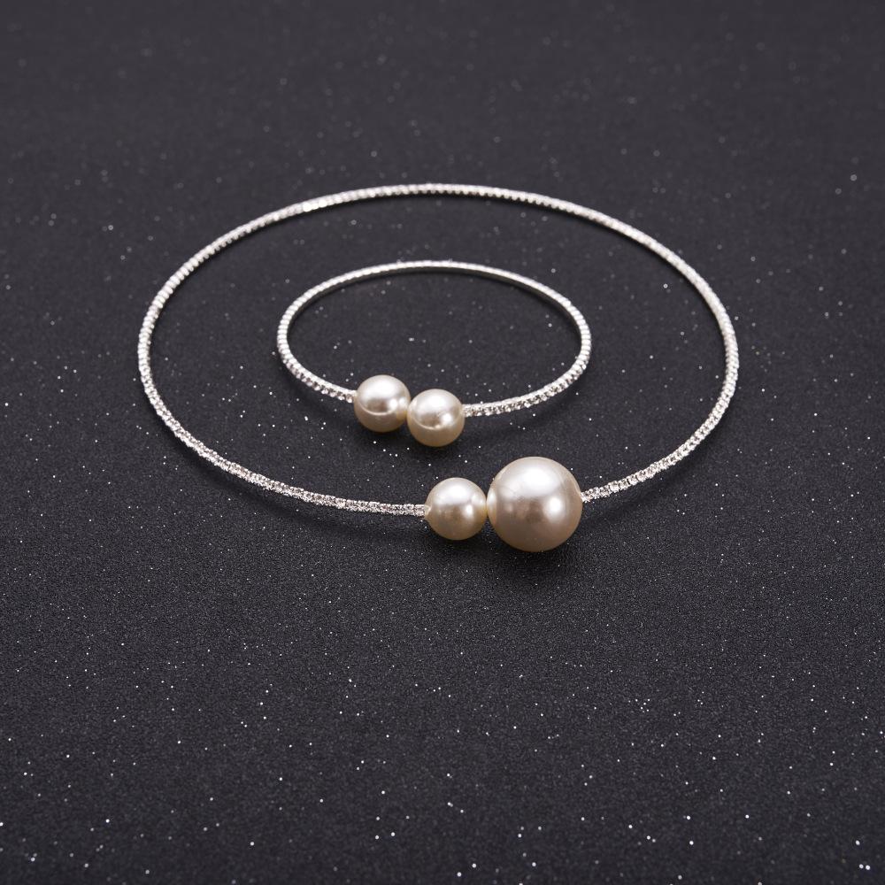Wedding Necklace and Bangle Set Imitation Pearl Decor Full Rhinestones Jewelry for Ladies and Mother Decoration