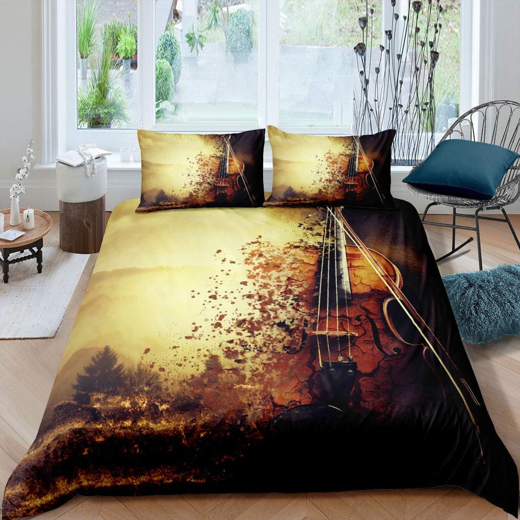 Violin King Queen Duvet Cover Flowers Roses Bedding Set Stringed Instruments Comforter Cover Fashion Music Polyester Quilt Cover