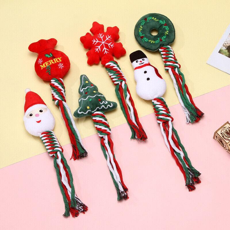 Christmas Pet Dog Chew Toys Braided Cotton Rope Santa Xmas Tree Snowman Gift DH