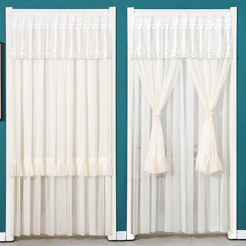 Lace Door Partition Curtain for Home – No-Drill, Double Layer, Transparent Gauze, Polyester, Anti-Mosquito.