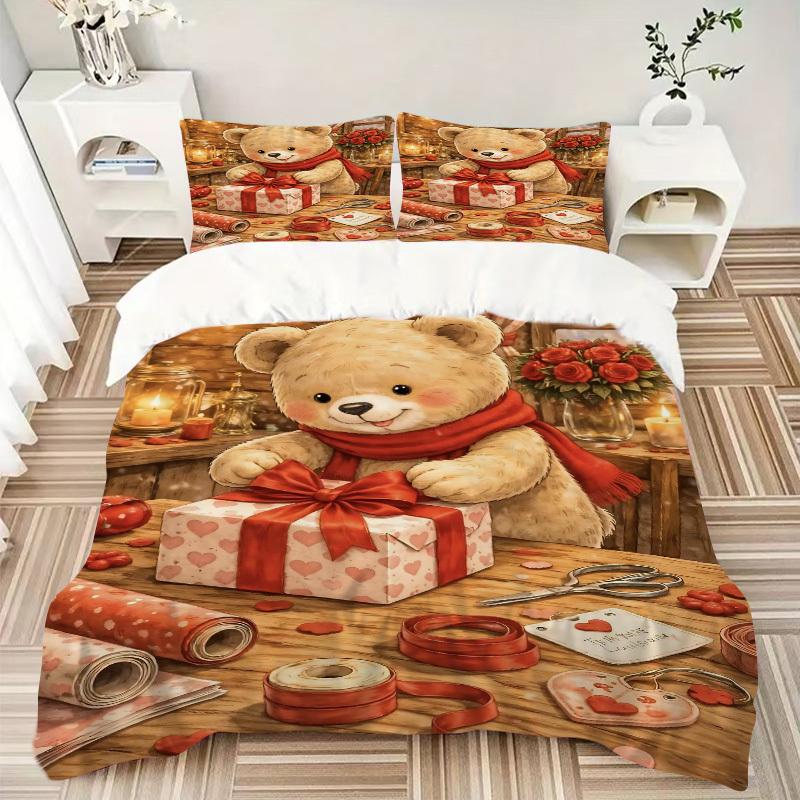 3pcs Anime Teddy Bear Bedding Set - Includes One Quilt Cover and Two Pillowcases (No Core) - Festive Gift for Home Decor, Bedroom and Guest