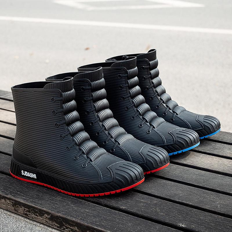 Nové Gumové boty Trend Muži Boty do deště Platforma Outdoorové boty Navlékací Vodotěsné Pracovní Pánské Boty Soild Bota Masculina