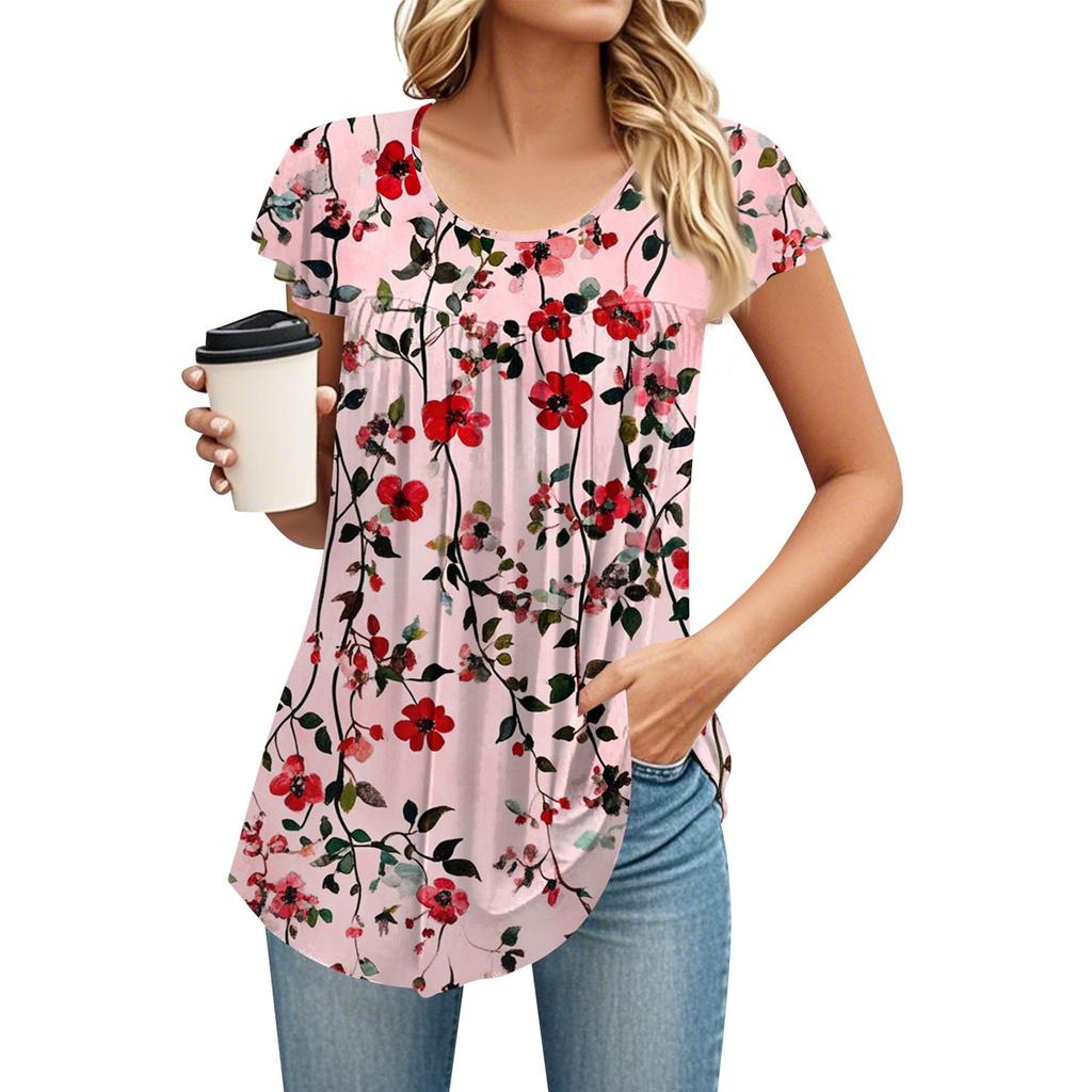 Women's Round Neck Short Sleeve Mid Length T-Shirt Loose Casual Short Sleeve T-Shirt Top