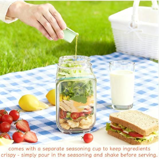 Salad Jar with Side Opening, Mason Jar Salad Container for Lunch with Dressing Compartment, Leak-Proof Portable Pod Jar, Microwave & Dishwasher Safe