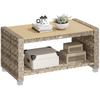 Outdoor Coffee Table with Storage Shelf, PE Rattan Side Table with Slatted Top and Foot Pads, Light Brown