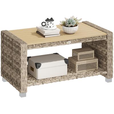 Outdoor Coffee Table with Storage Shelf, PE Rattan Side Table with Slatted Top and Foot Pads, Light Brown