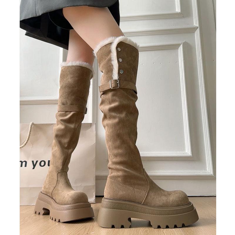 Leather thick-soled heightening boots for women's winter new velvet thickened warm two wear snow boots over the knee boots