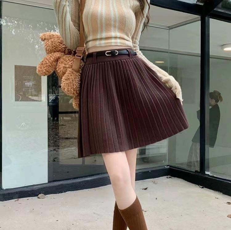 

Мини-юбка из плиссированного трикотажа с высокой талией и поясом - Универсальная, стройнящая, эластичная А-силуэта для осени One Size 【80-135】