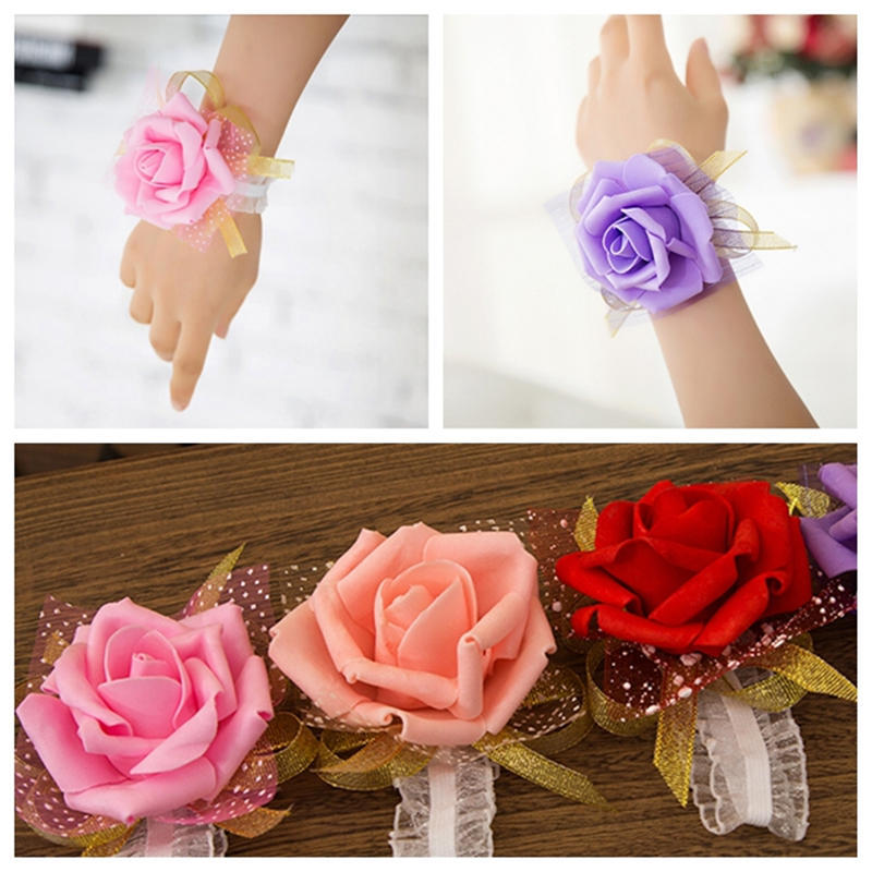 Bridesmaid Wrist Corsage Wedding Party Rose Bracelet Silk Flowers Ribbon