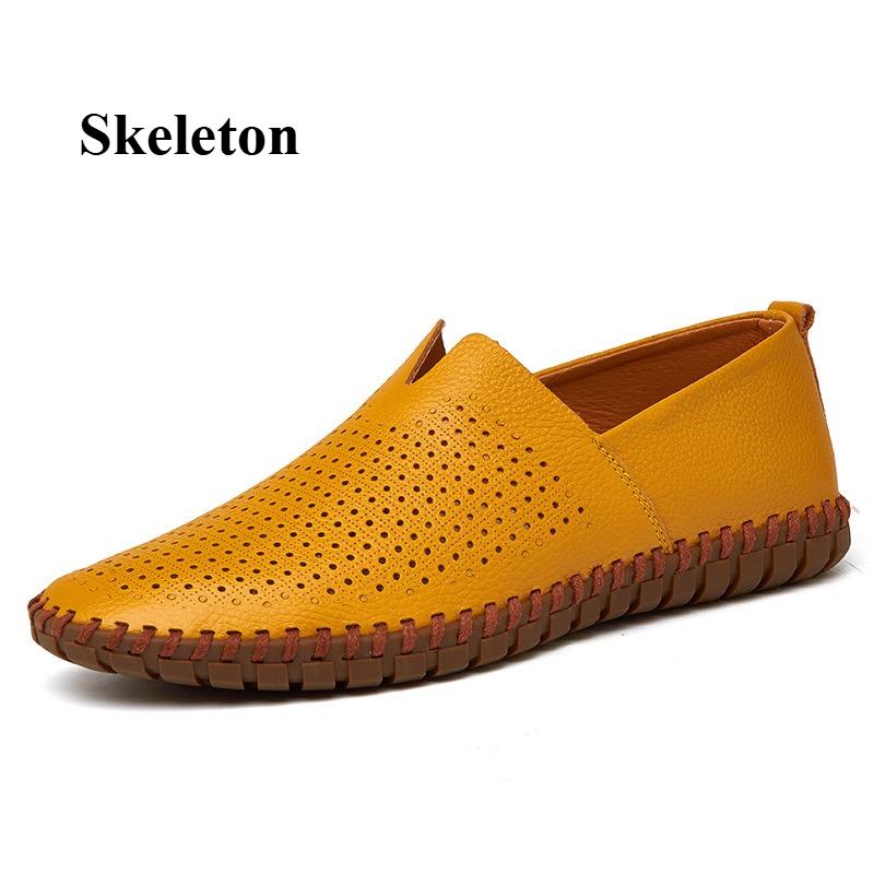 Men's Hollowed Out Leather Shoes Handmade Flat Moccasin Slip Into One Stirrup Casual Boat Shoes