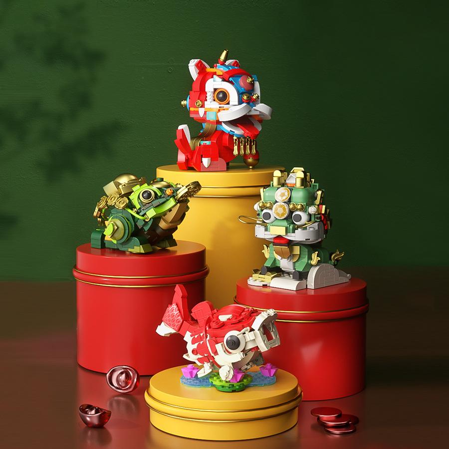 Ancient Auspicious Beasts Series Kirin Koi Carp Fish Lion Dance Building Blocks Bricks Toys for Mascot Decoration