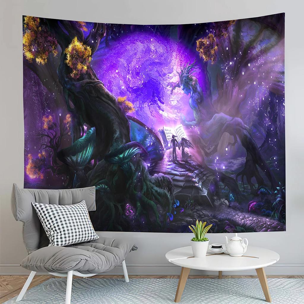 Fairy Tale Forest Tapestry Full Moon Night  Red Mushroom  Living Room Bedroom Dormitory