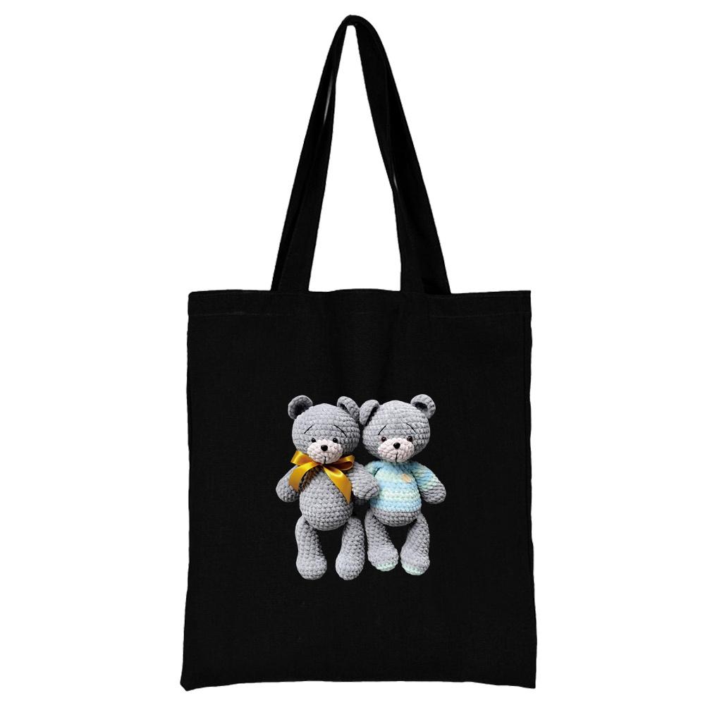 Summer New Teddy Bear Series Canvas Tote Bag Harajuku Style Black Printing High Capacity Shoulder Bag Fashion Shopping Bags